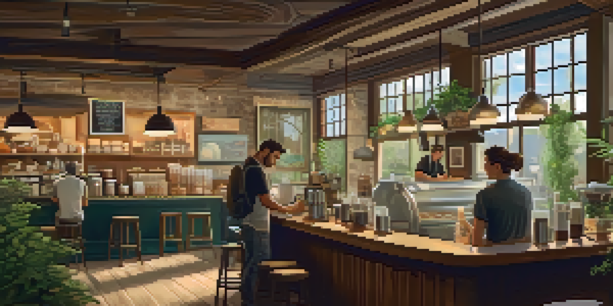 A cozy coffee shop with a barista making coffee, warm wooden decor, soft lighting, and customers enjoying their drinks.