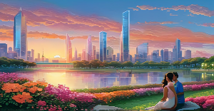 A futuristic city skyline at sunset with glass skyscrapers, a park in the foreground filled with diverse people enjoying the scenery.