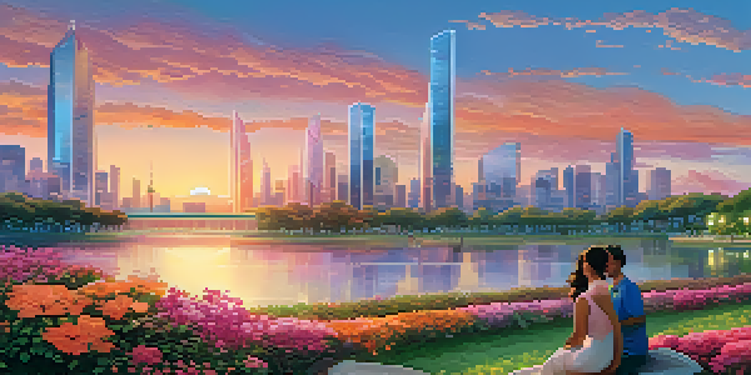 A futuristic city skyline at sunset with glass skyscrapers, a park in the foreground filled with diverse people enjoying the scenery.