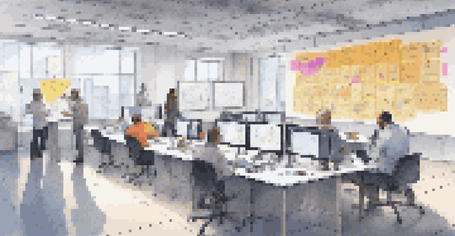 A collaborative workspace with experts brainstorming disaster management strategies using quantum computing, surrounded by diagrams and digital tablets.
