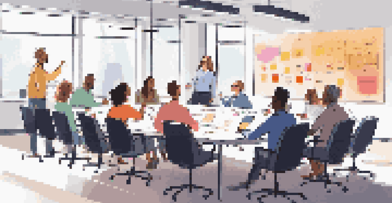 A diverse team engaged in a meeting around a conference table with a projector screen.