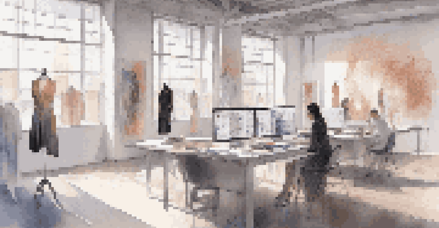 A fashion designer in a modern studio, surrounded by fabric swatches and digital screens, working with AI-generated sketches.