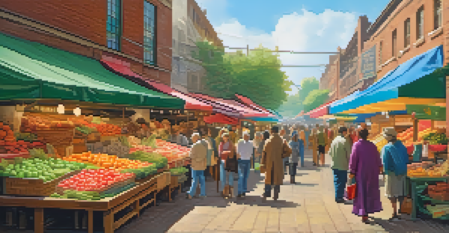 A lively market with shoppers and colorful displays of fresh produce and handcrafted goods.