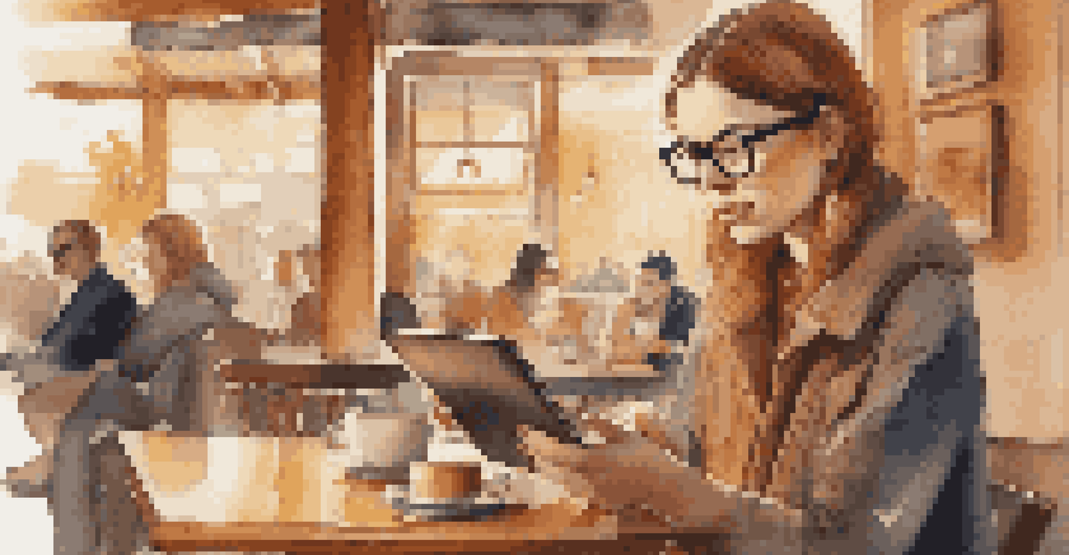 A young woman using a tablet in a cozy coffee shop, with a cup of coffee and a warm ambiance.