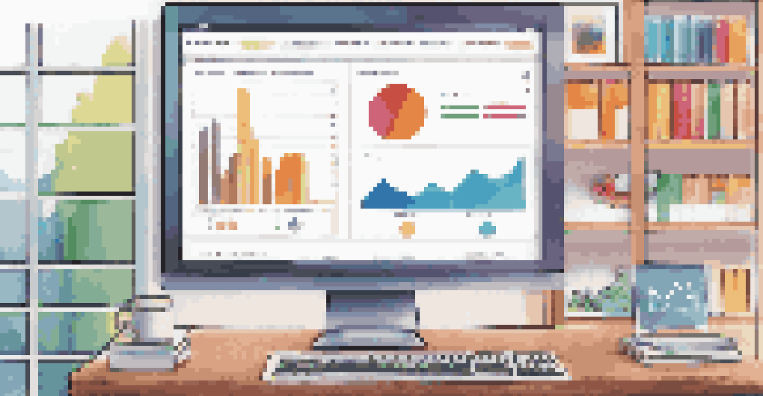 A close-up of a computer screen displaying a content management system dashboard with colorful analytics graphs in a cozy office setting.