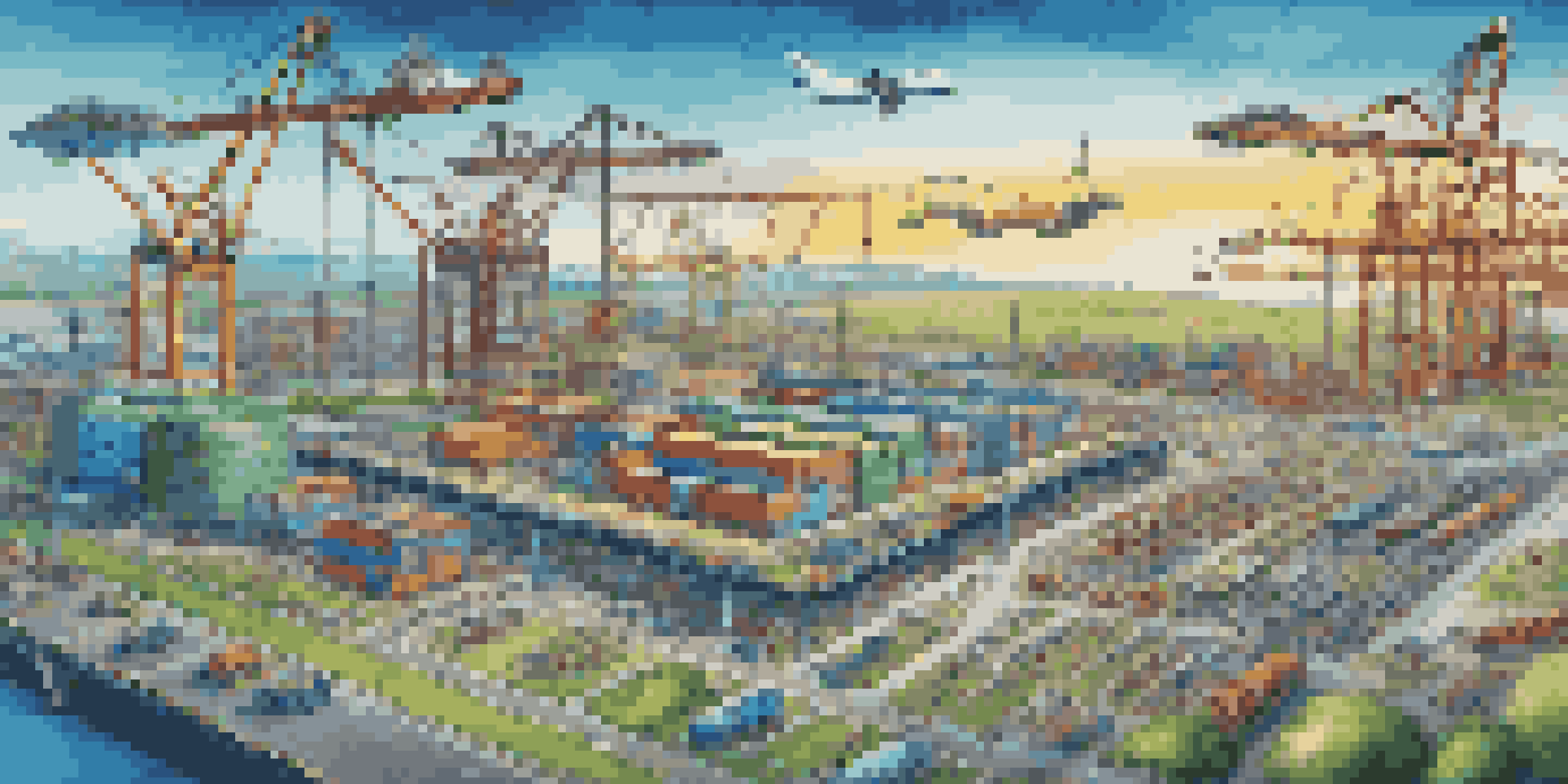 A digital illustration of a supply chain hub with trucks, ships, and drones connected by a glowing blockchain network, set against a blue sky and green landscape.