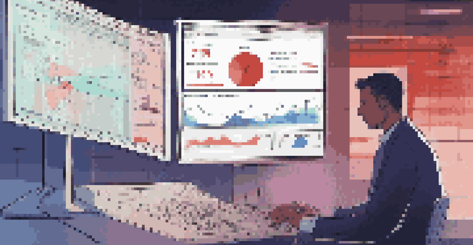 A close-up of a computer screen with a fraud detection dashboard, showing graphs and alerts in a dimly lit office.