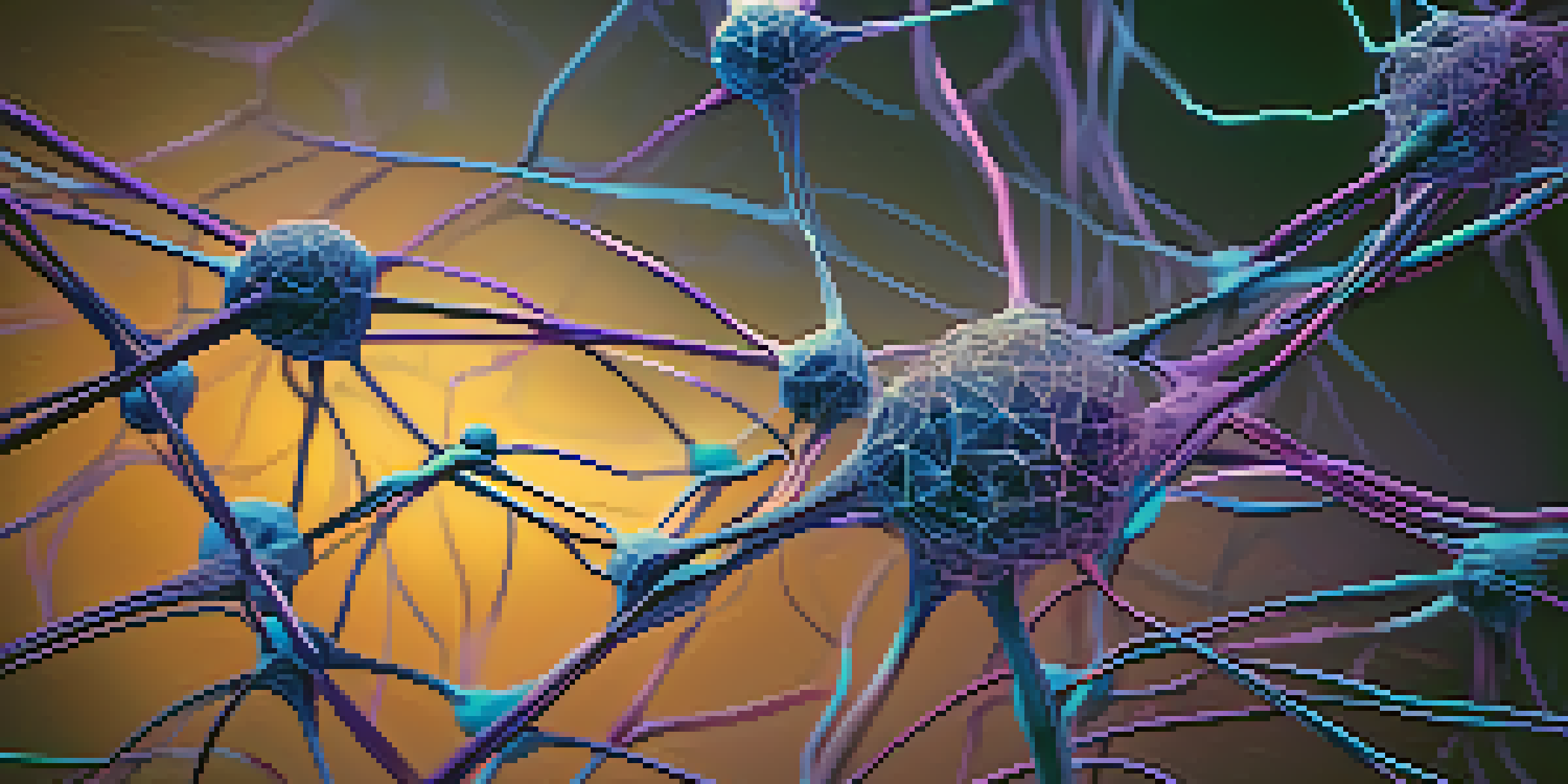 A visual representation of a neural network model with interconnected nodes and a gradient background in blue and purple colors.