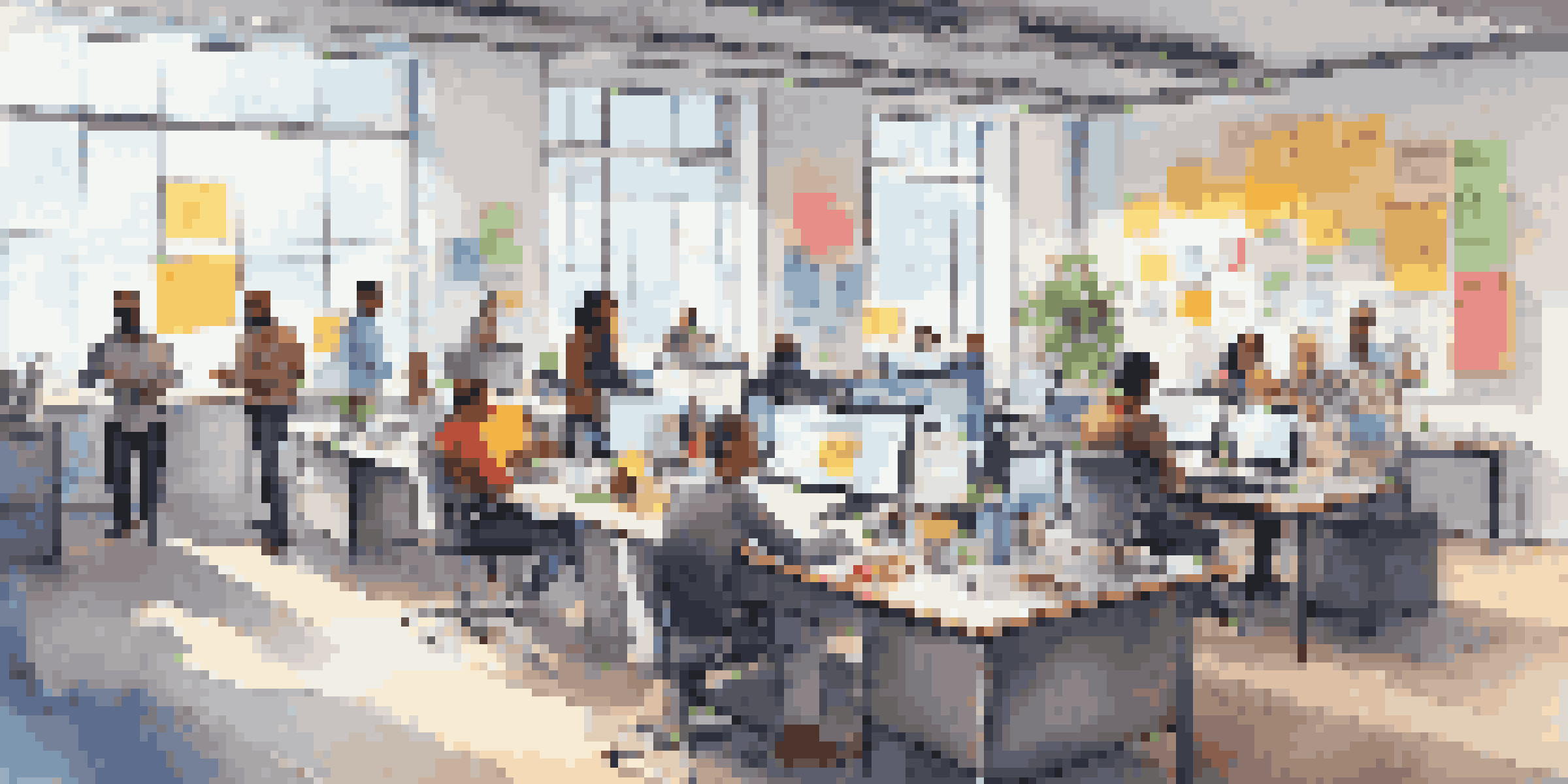 A diverse group of employees collaborating in a modern office on a low-code project, with laptops and sticky notes on the table.