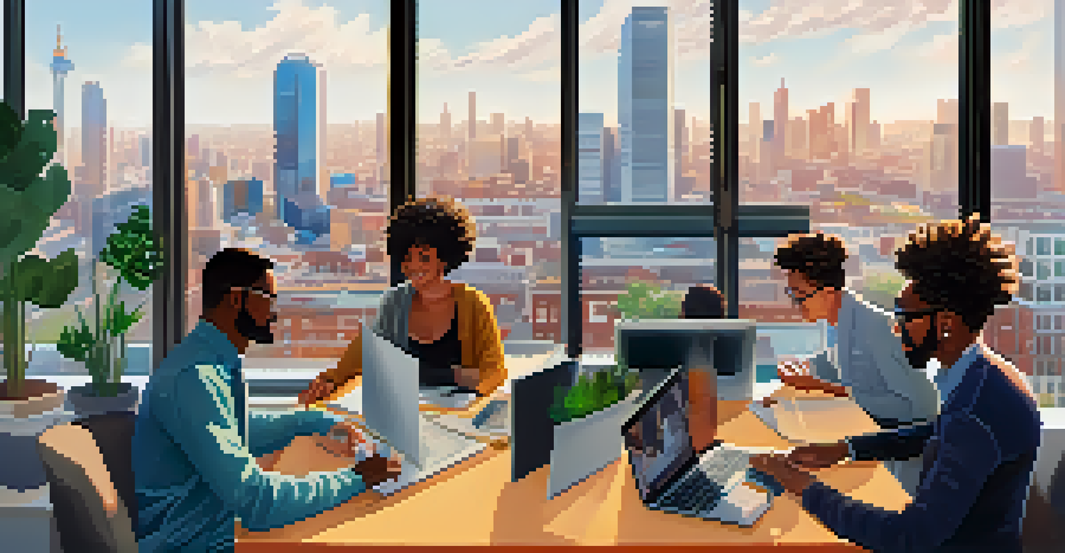 A bird's eye view of a diverse group of people on a video call, each in their own workspace, with a city skyline in the background.