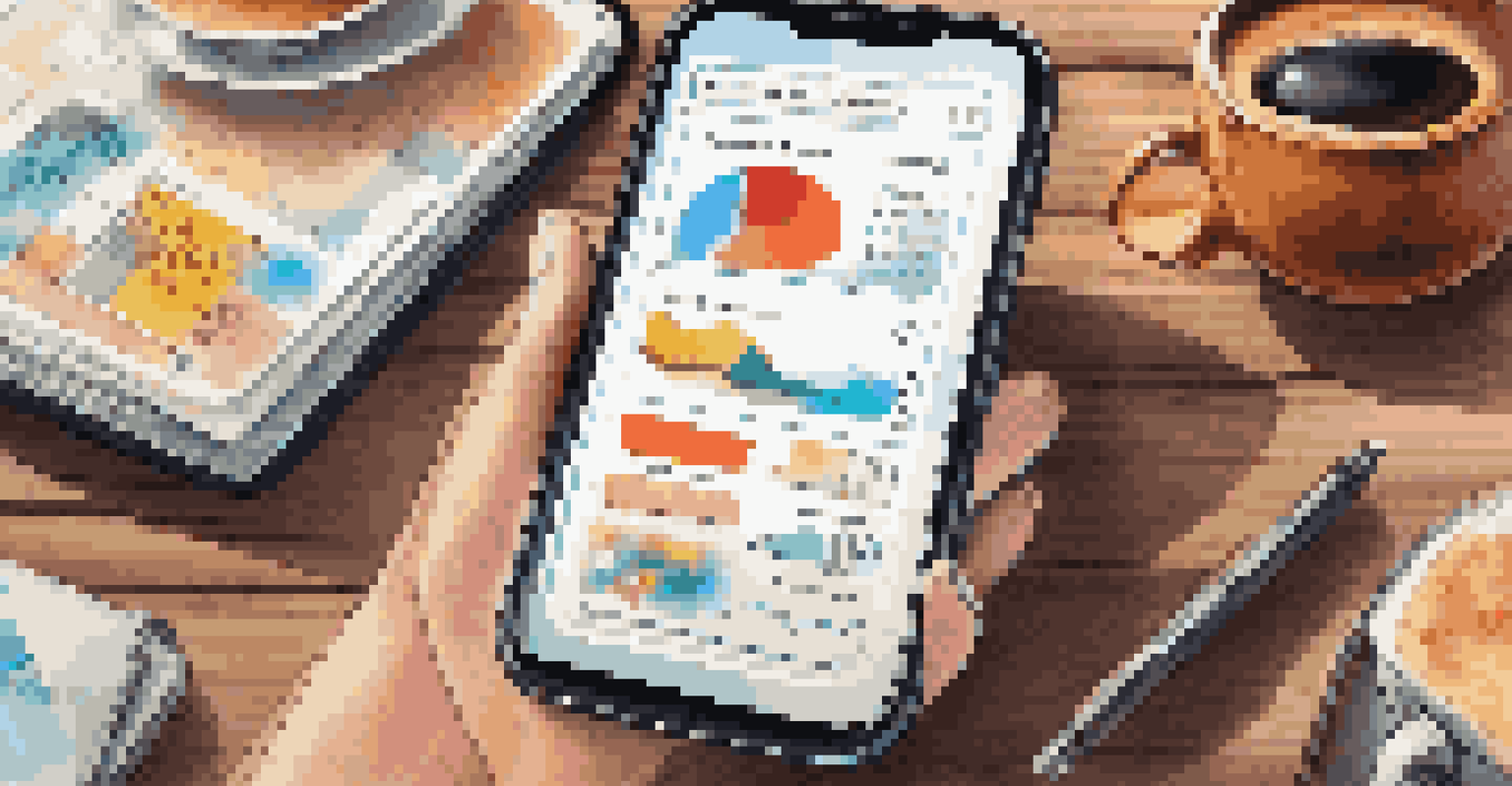 A close-up of a smartphone showing a colorful app interface on a wooden table with coffee cups and notebooks.