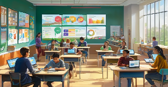A lively classroom filled with students using laptops and tablets, engaged in learning activities with colorful posters and natural light.