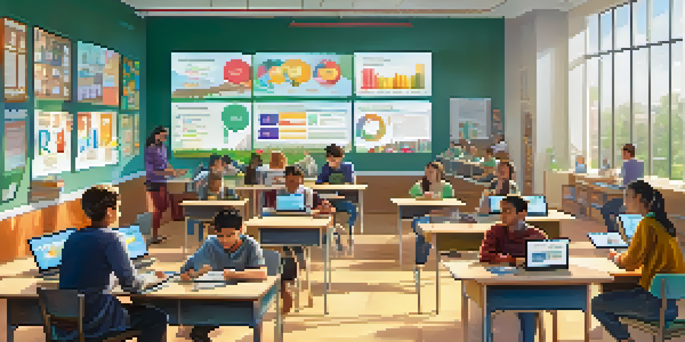 A lively classroom filled with students using laptops and tablets, engaged in learning activities with colorful posters and natural light.