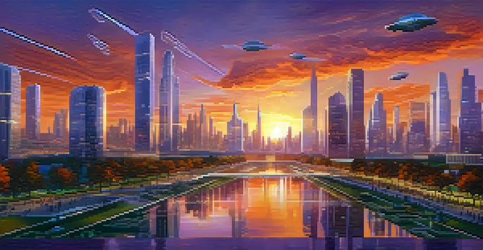 A vibrant sunset over a futuristic city skyline with cloud structures, drones, and a park filled with people.