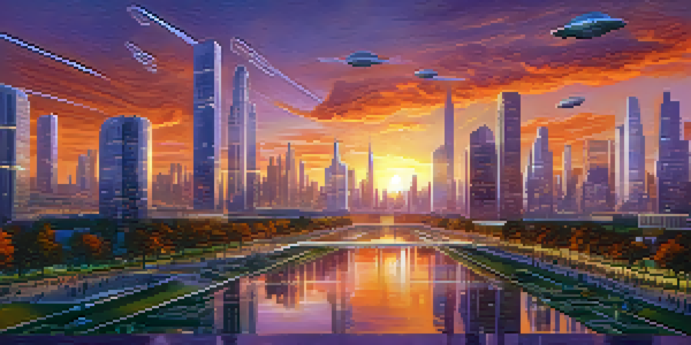 A vibrant sunset over a futuristic city skyline with cloud structures, drones, and a park filled with people.
