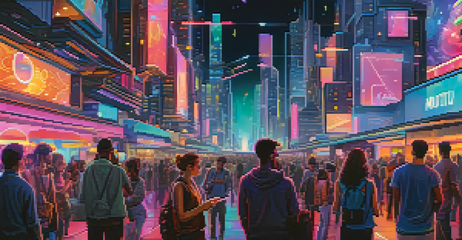 A futuristic city at night with neon lights, showing people using holographic social media interfaces in an urban setting.