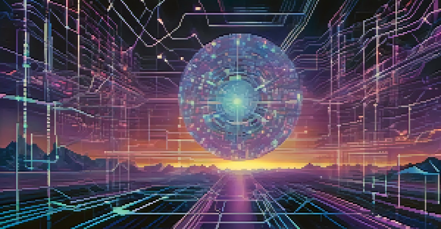 An abstract digital landscape depicting artificial intelligence in Digital Asset Management with interconnected nodes and circuits, using blue and purple colors.