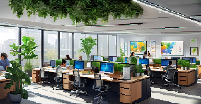 A diverse group of professionals collaborating in a bright, modern office filled with technology and plants.