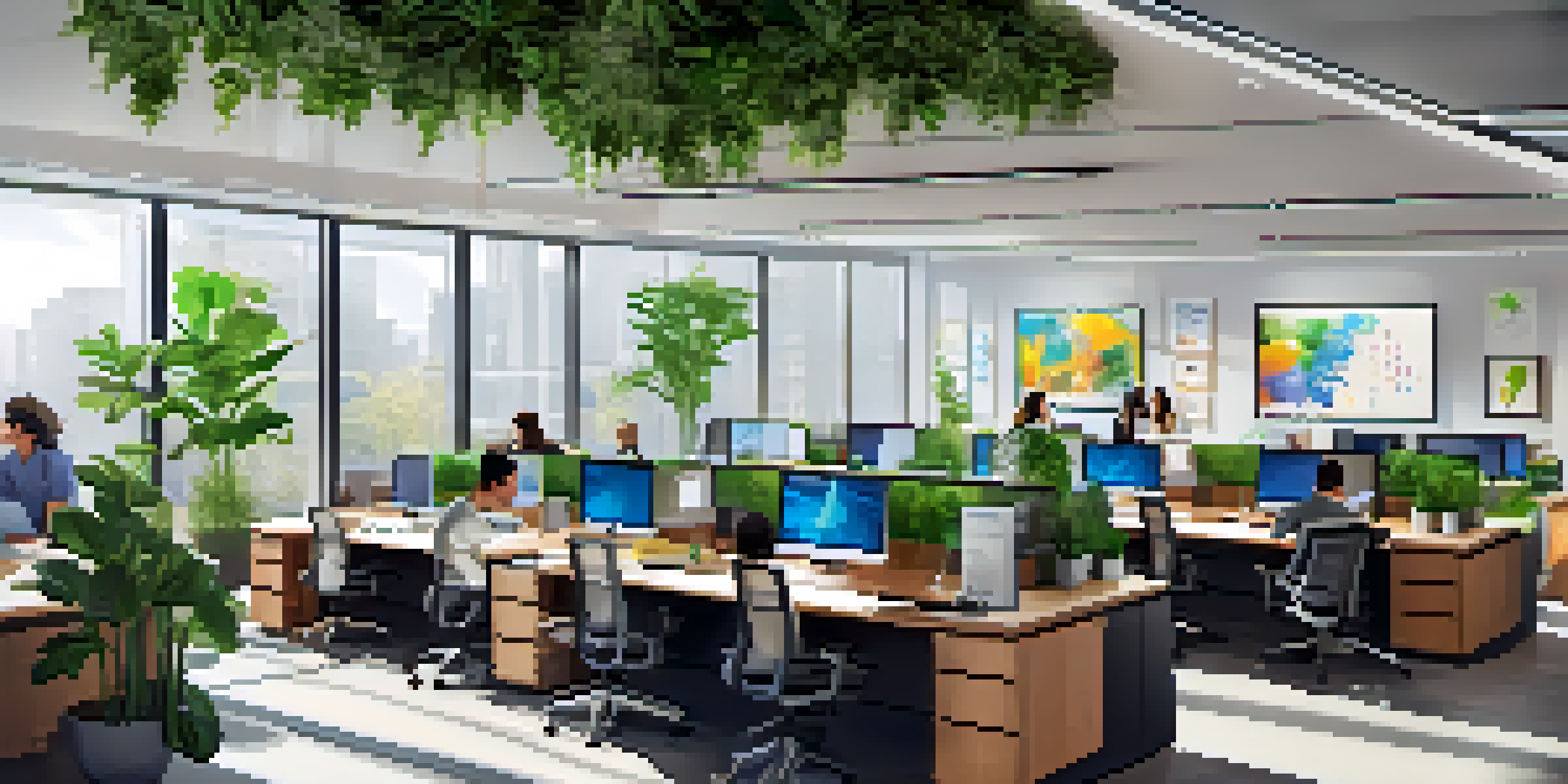 A diverse group of professionals collaborating in a bright, modern office filled with technology and plants.