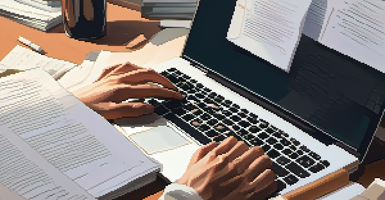 Close-up of hands typing on a laptop with documents and a coffee cup, highlighting productivity.