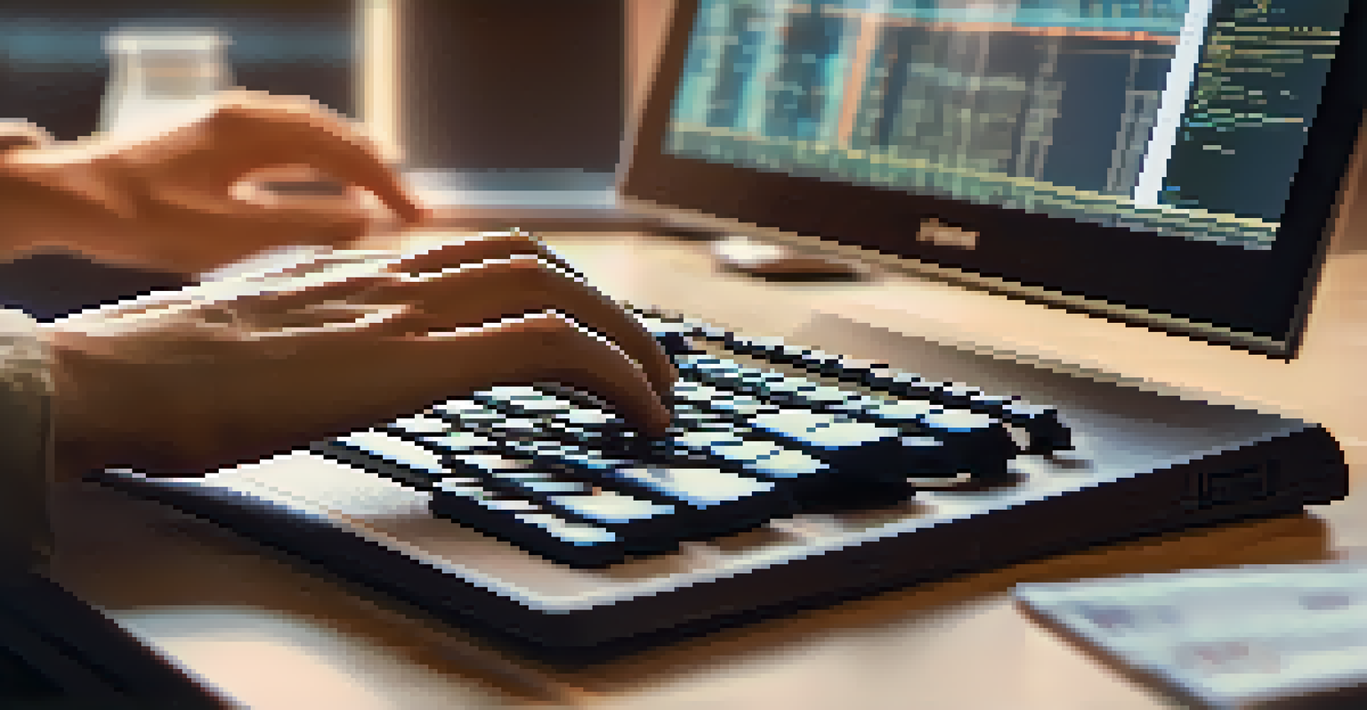 A close-up view of a developer's hands typing on a keyboard with code and documentation on the screen, set in a warm and cozy workspace.