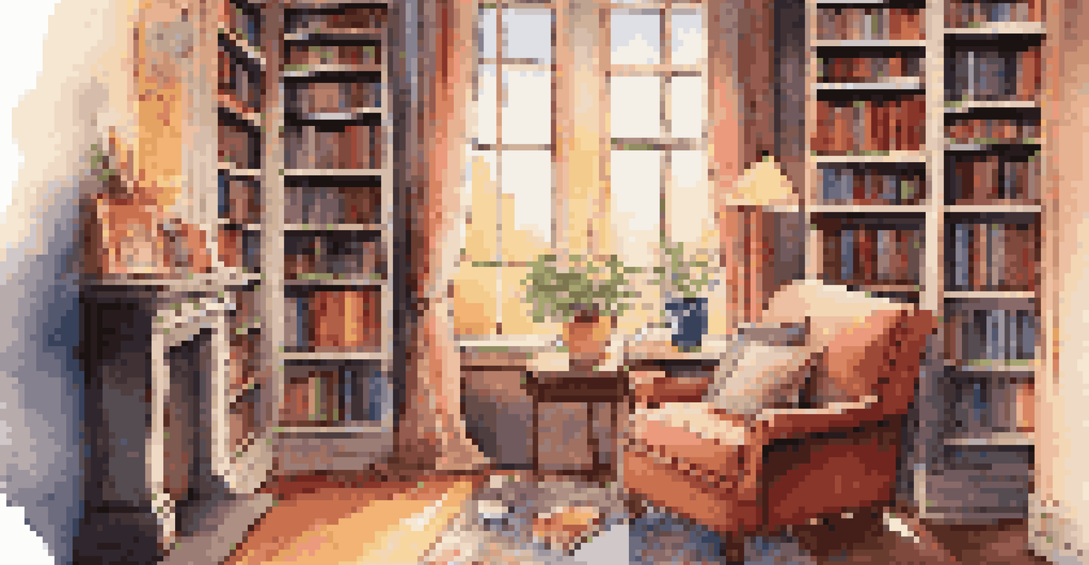A cozy home library featuring tall bookshelves, a comfortable armchair, and warm lighting.