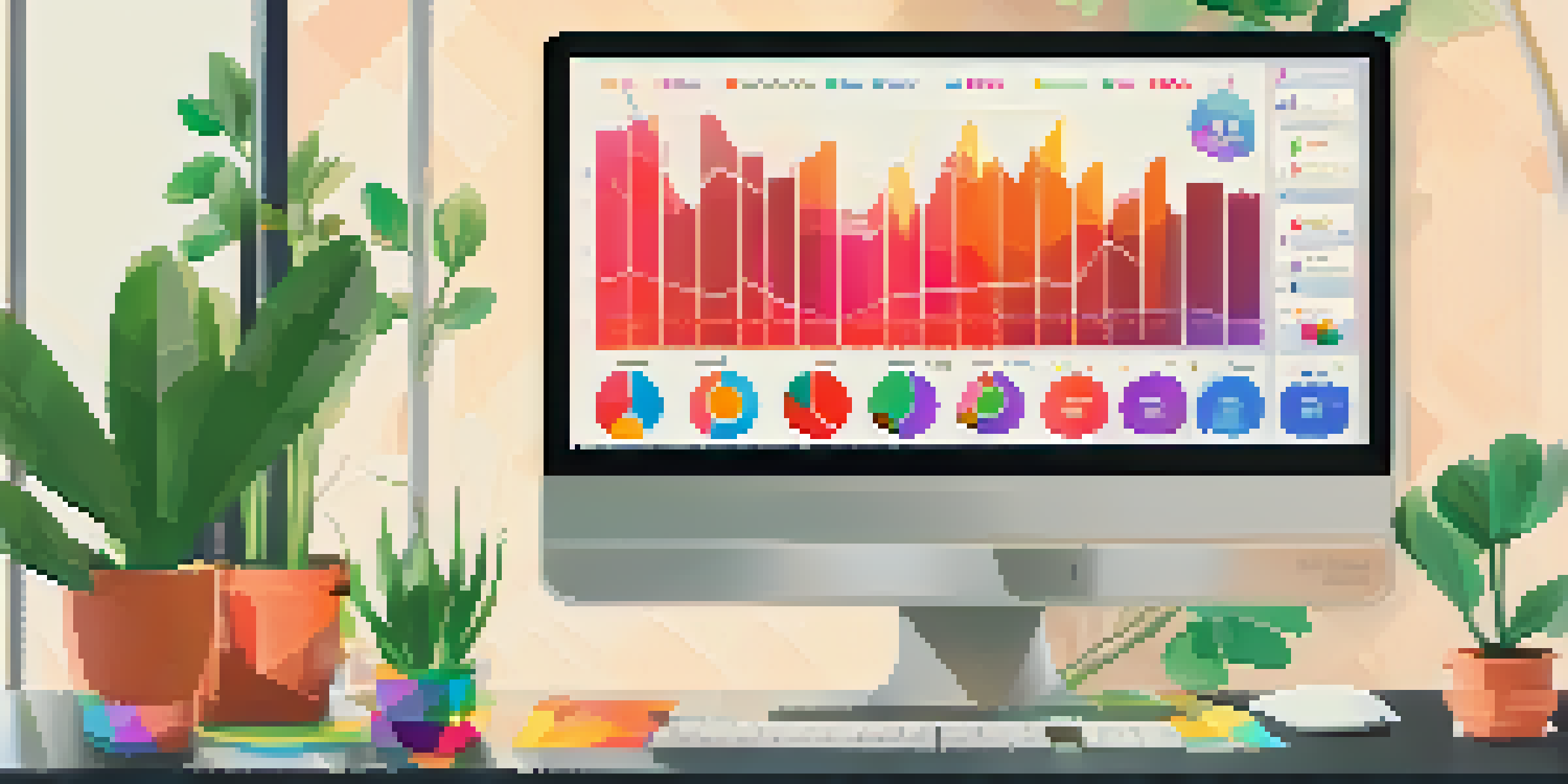 A colorful computer monitor showing social media analytics with graphs and charts in a bright modern office.