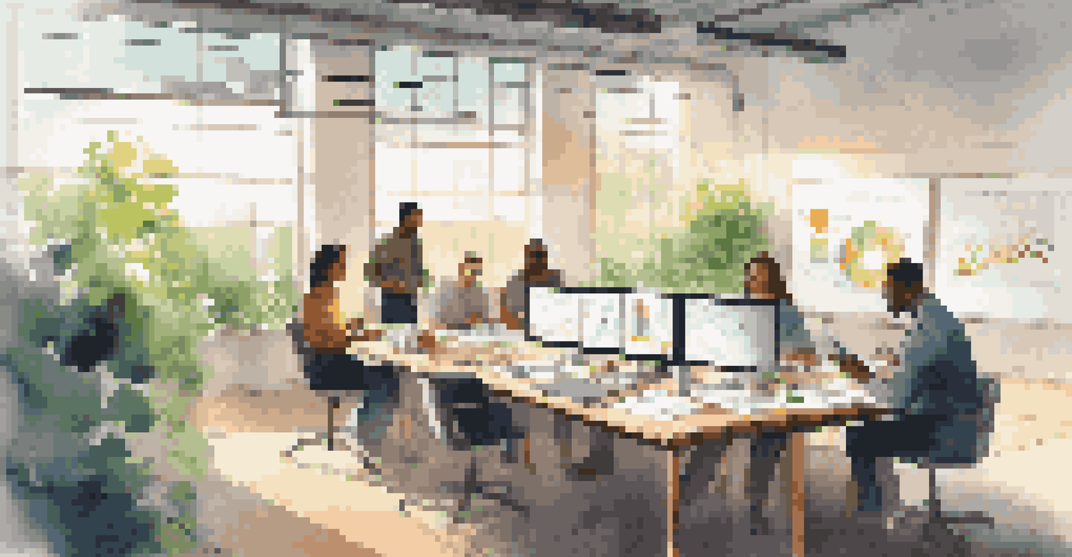 A supply chain team collaborating in a bright room, discussing charts and graphs with digital devices showing data analytics.
