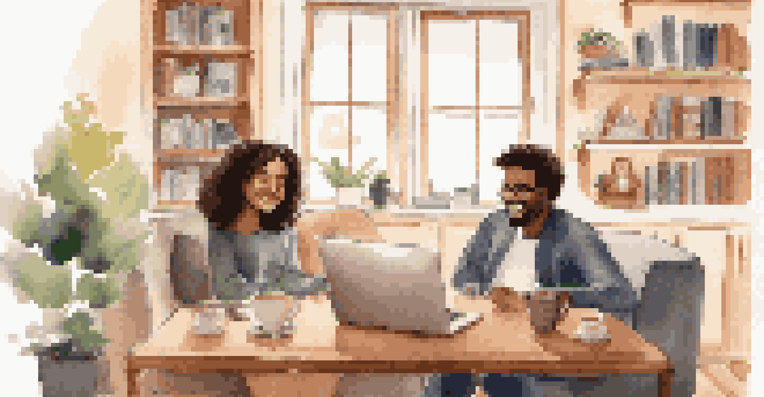 Two colleagues enjoying a virtual coffee break on a video call in a cozy home office, with warm lighting and personal touches in the background.