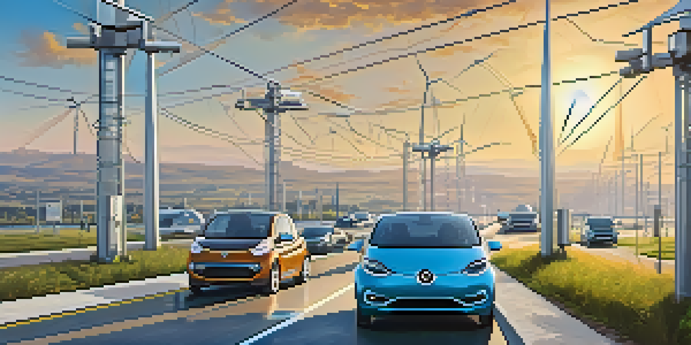 A vibrant city skyline illustrating a smart grid system, with electric poles, wind turbines, and solar panels, and electric vehicles in motion.