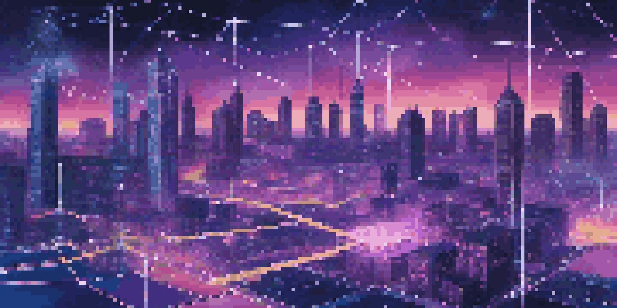 An illustration of a blockchain network with interconnected blocks against a futuristic cityscape at night.