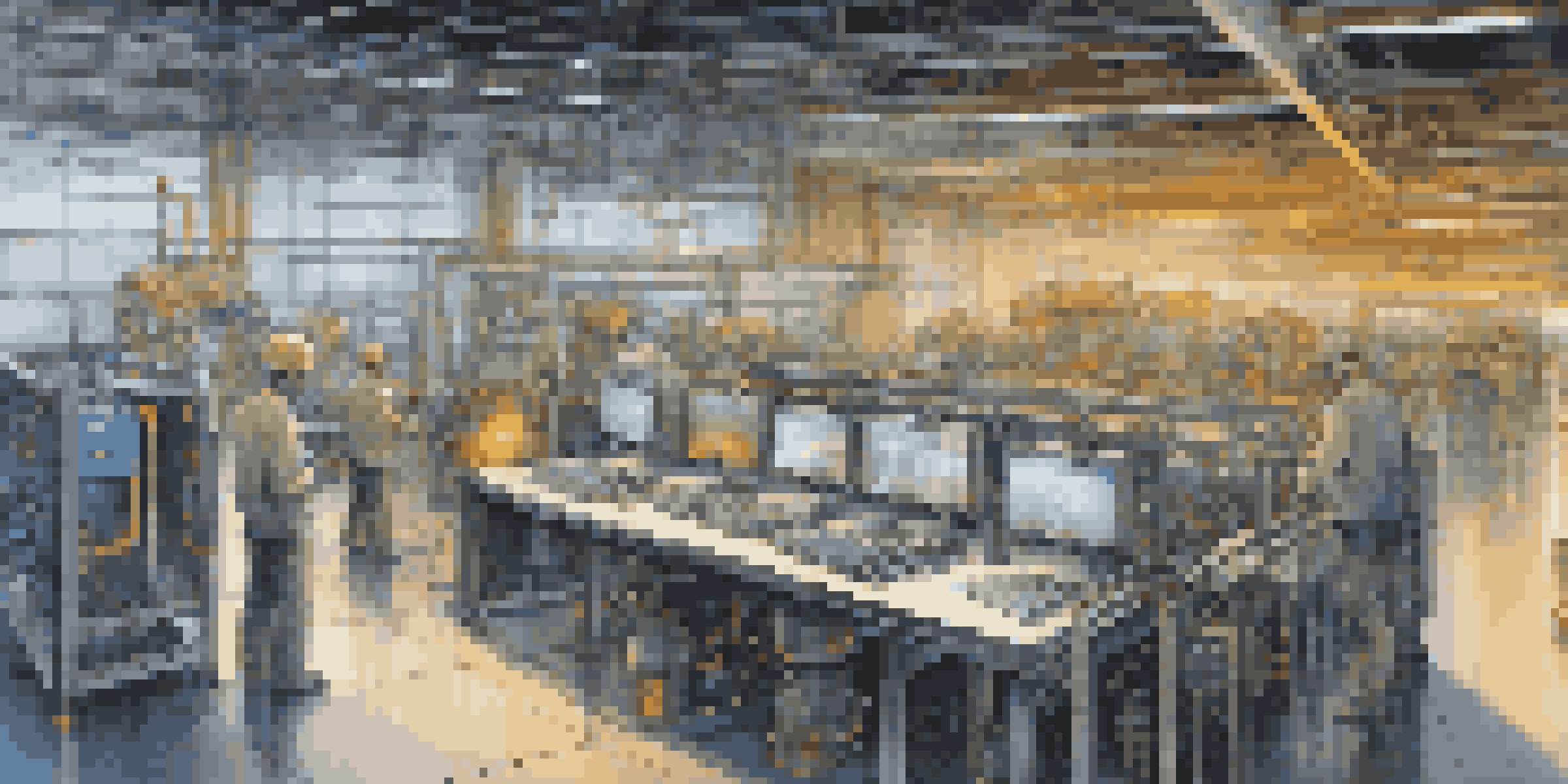 An industrial factory environment with visible sensors and machinery, featuring workers interacting with technology in a well-lit space.