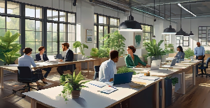 A diverse team of professionals working together in a bright office space, with laptops and documents around a large table.