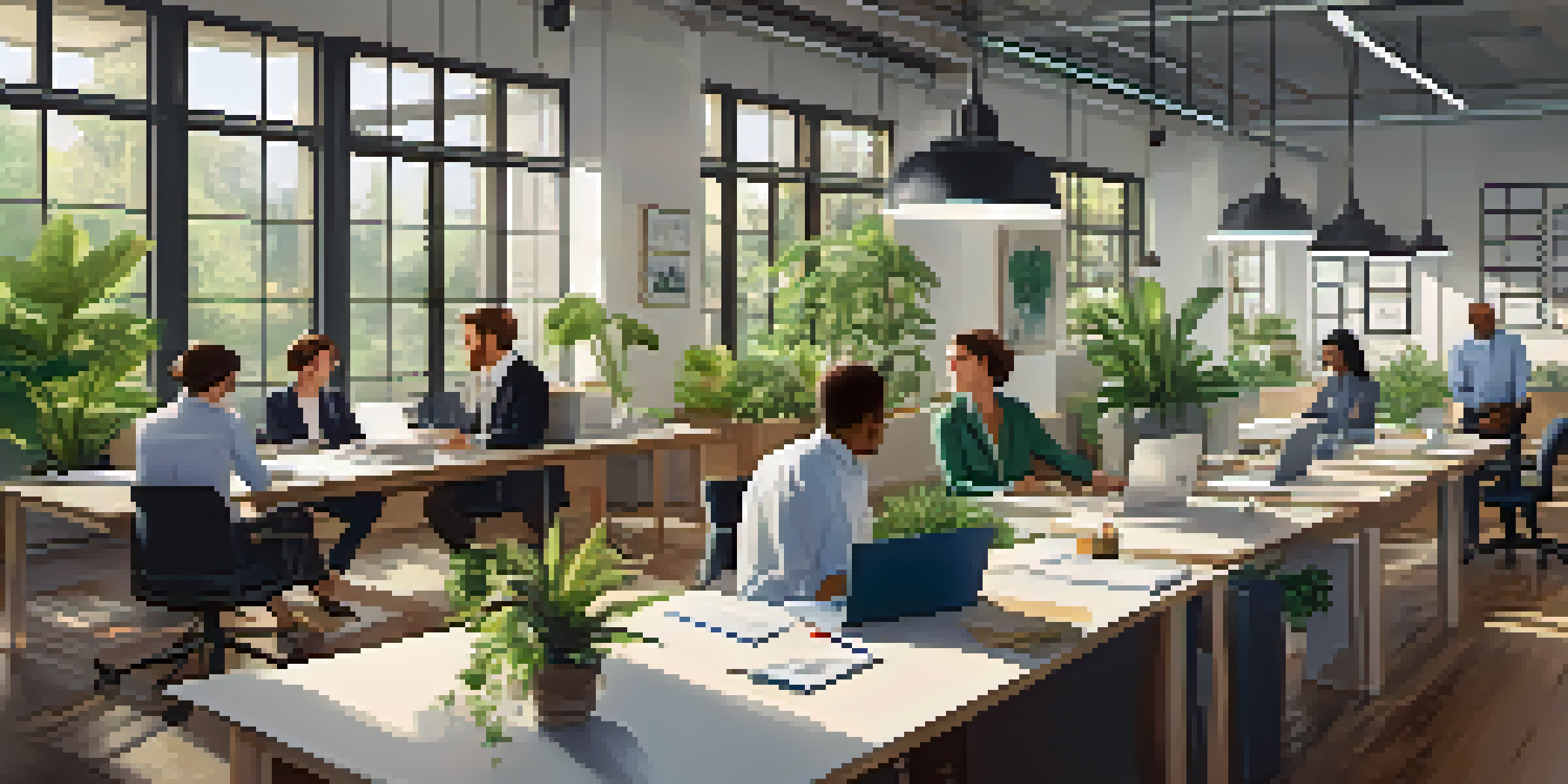 A diverse team of professionals working together in a bright office space, with laptops and documents around a large table.