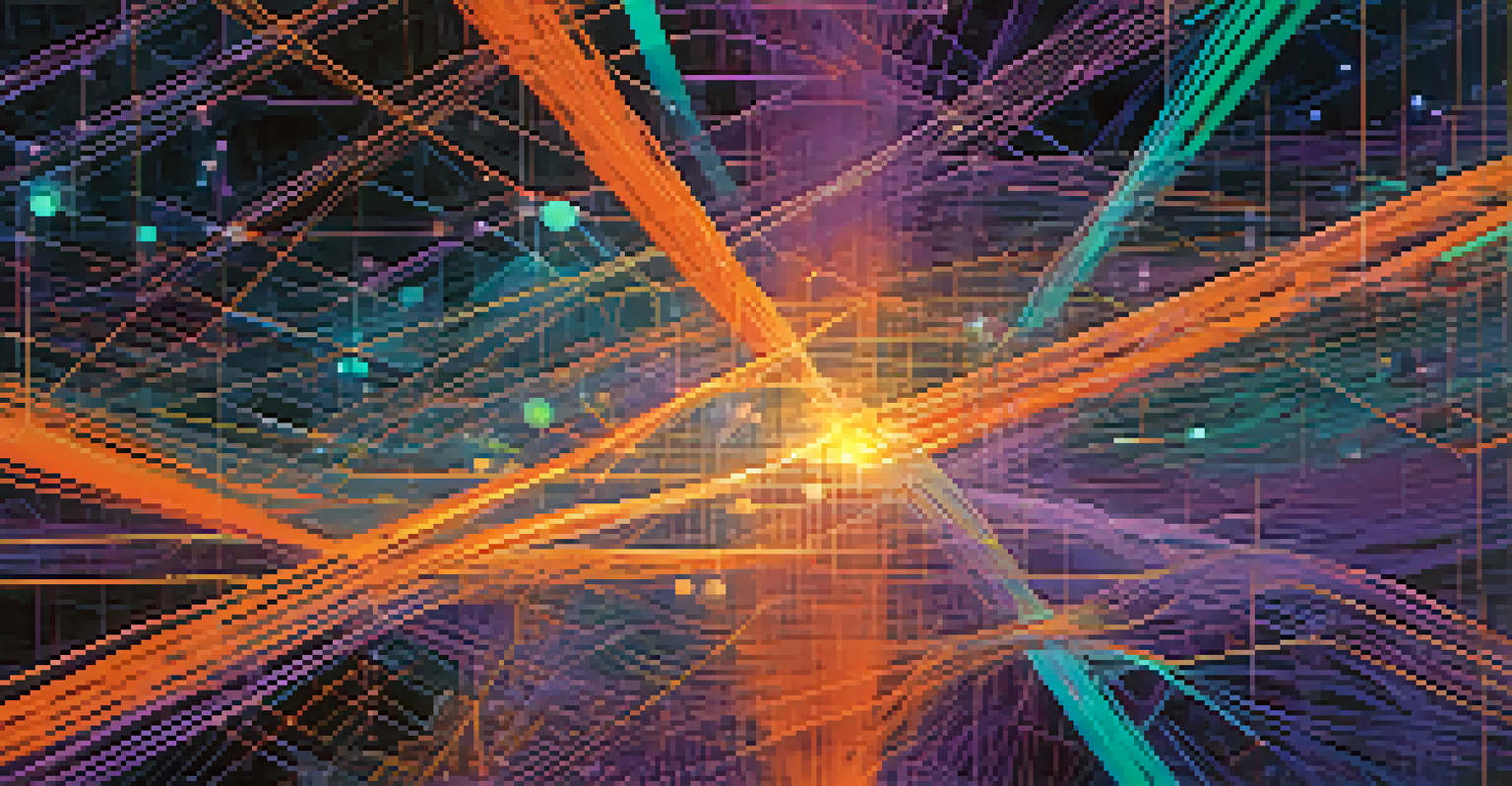 An abstract representation of microservices architecture with interconnected nodes and data streams in vibrant colors.