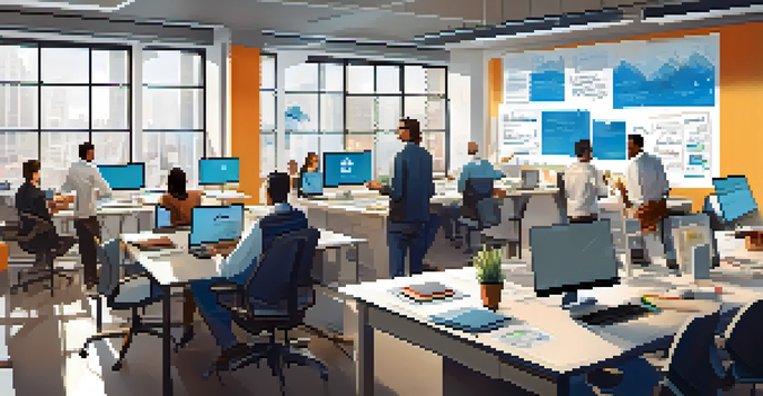 A diverse team of developers and compliance professionals collaborating in a modern office, with laptops and whiteboards in a bright room.
