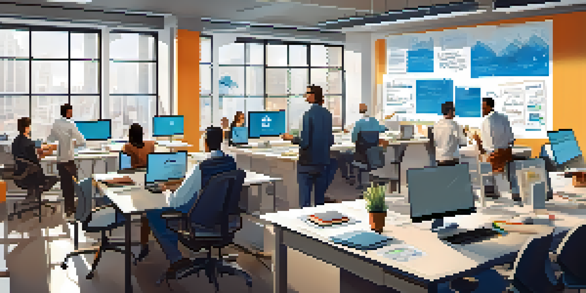 A diverse team of developers and compliance professionals collaborating in a modern office, with laptops and whiteboards in a bright room.