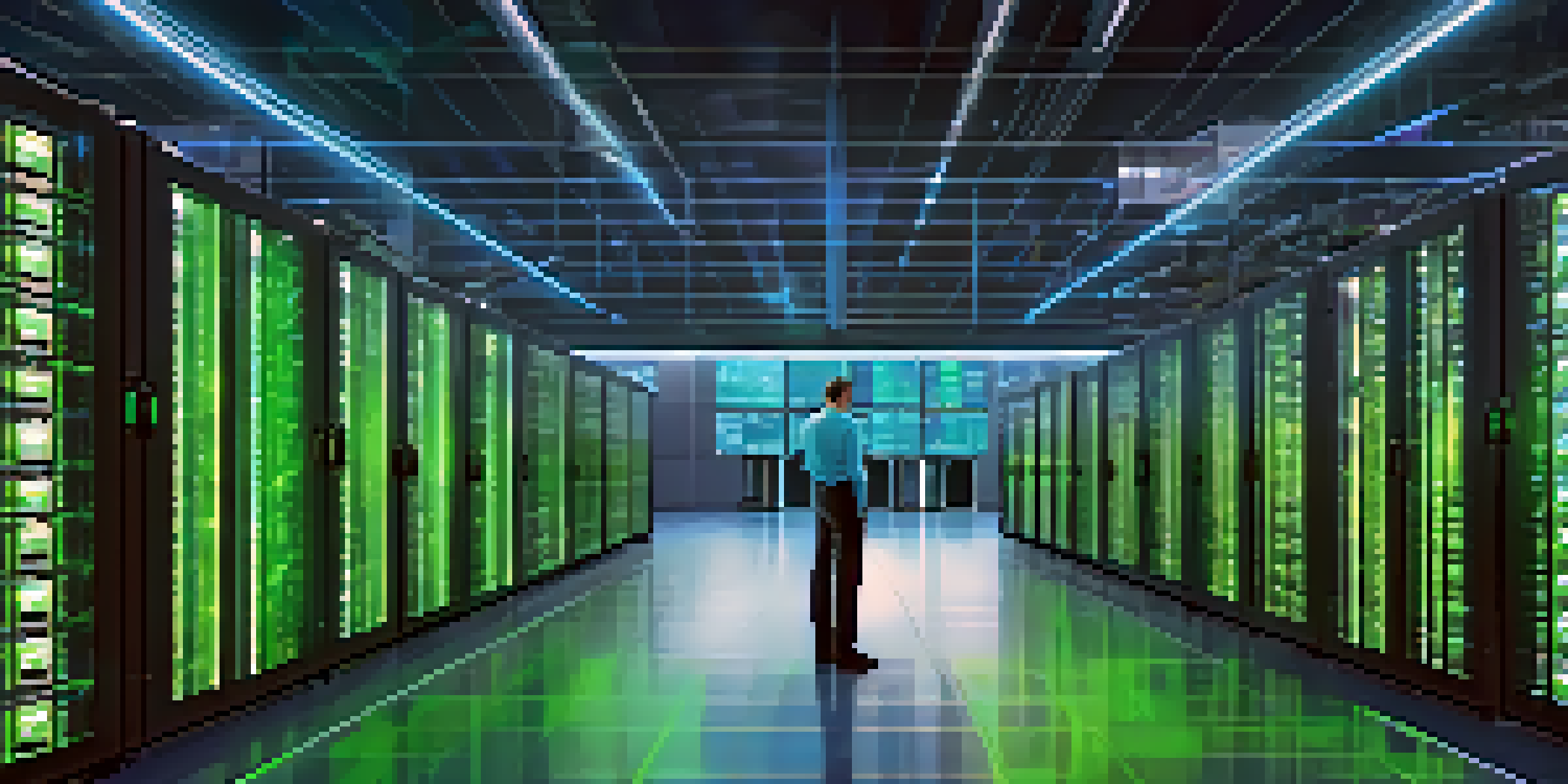 A modern data center filled with rows of servers and colorful LED lights, with a technician observing the systems on a screen.