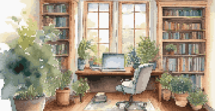 A person in a comfortable home office having a teletherapy session on their laptop, surrounded by books and plants.