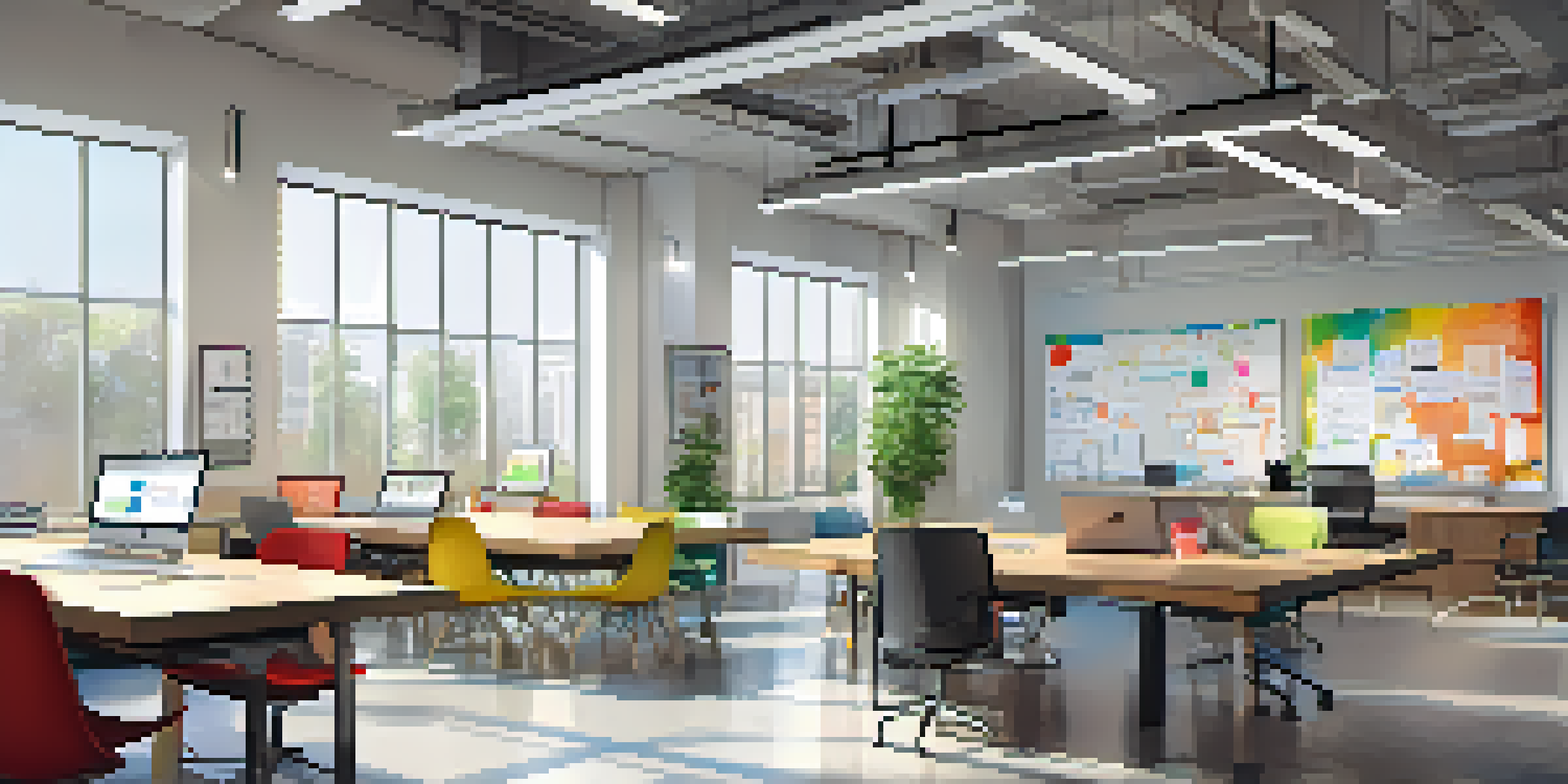 A bright and modern office space featuring a large wooden table surrounded by chairs, with laptops and notebooks on the table, and a whiteboard with colorful diagrams in the background.