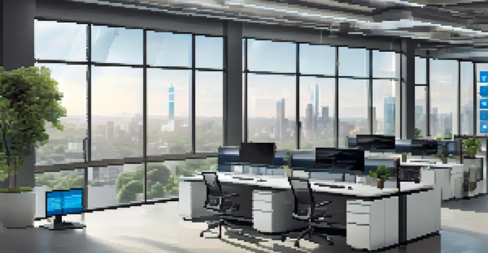 A modern office filled with high-tech devices and real-time data displays, emphasizing edge computing technology.