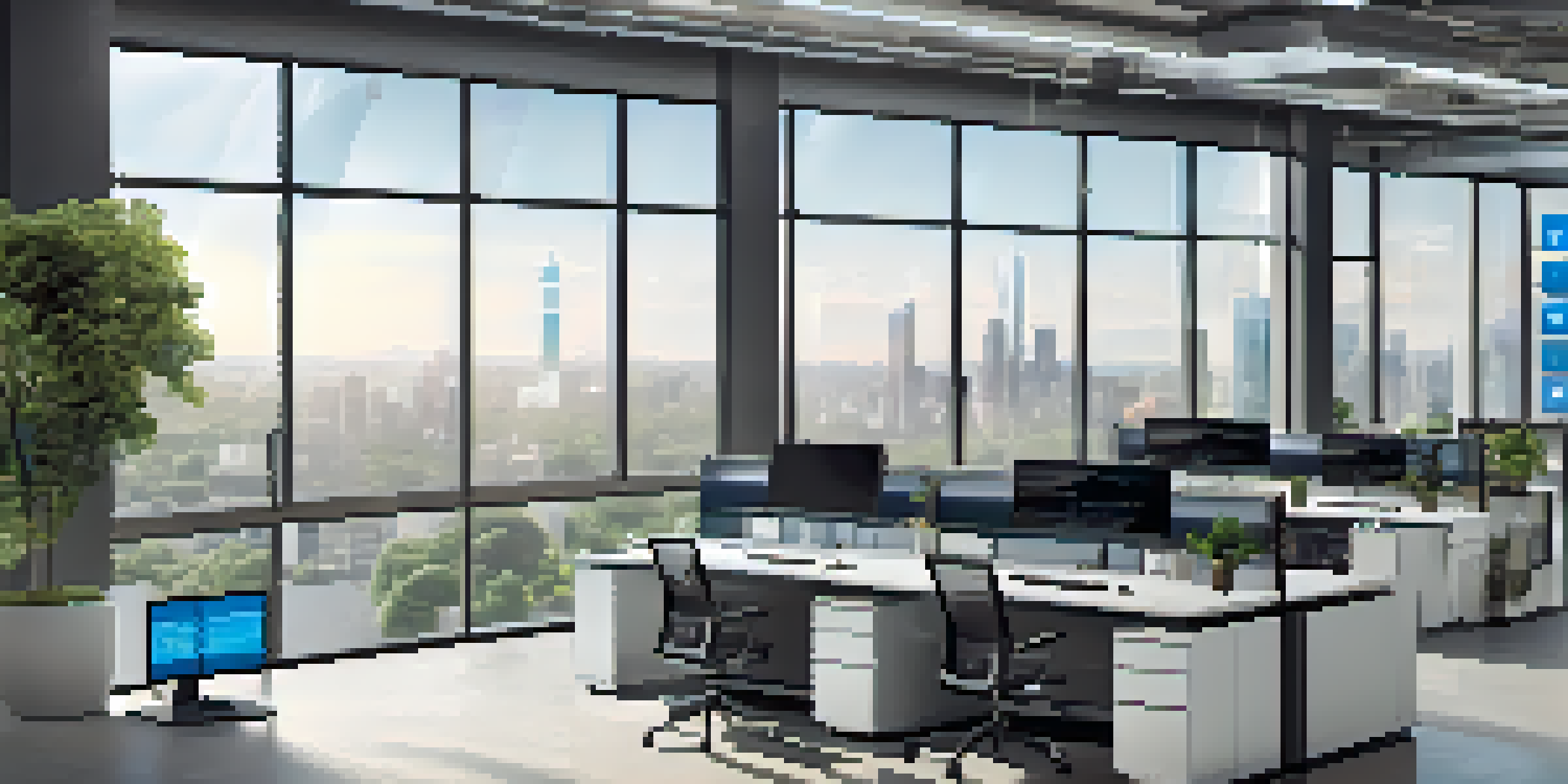 A modern office filled with high-tech devices and real-time data displays, emphasizing edge computing technology.