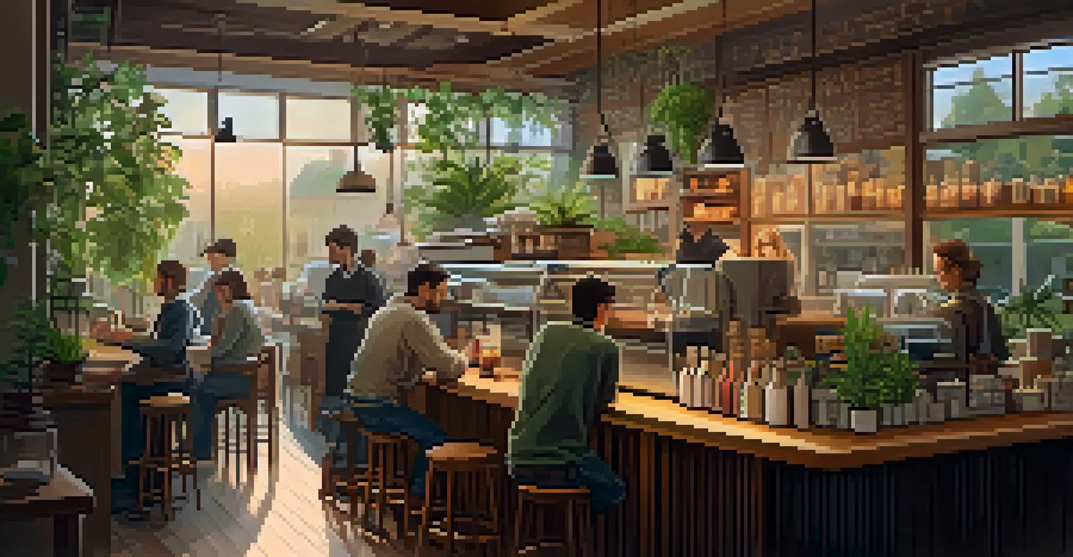 An inviting coffee shop with a barista making coffee and customers enjoying their drinks.