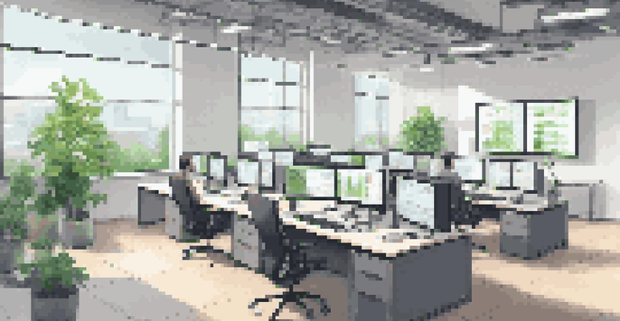 A bright modern office with computer screens showcasing UI testing metrics and graphs, surrounded by plants and a minimalist design.