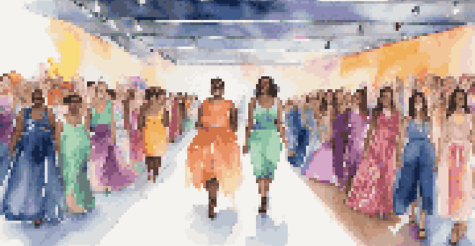 A fashion runway with diverse models wearing adaptive clothing, featuring colorful lights and an enthusiastic audience.