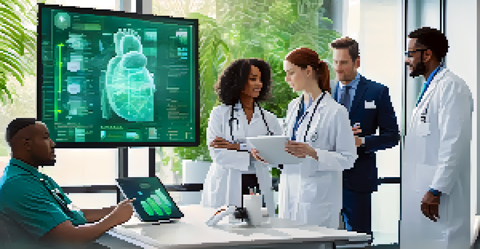 Healthcare professionals collaborating over a digital tablet displaying AI-enhanced imaging results in a bright conference room.
