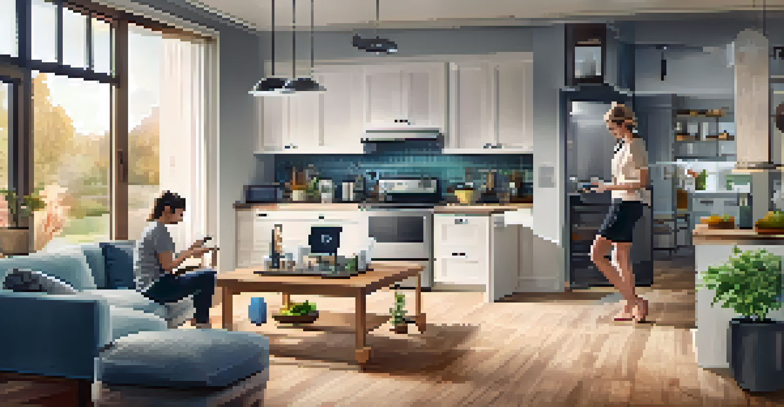 A person using a smartphone to control smart home devices in a stylish kitchen, surrounded by smart gadgets.