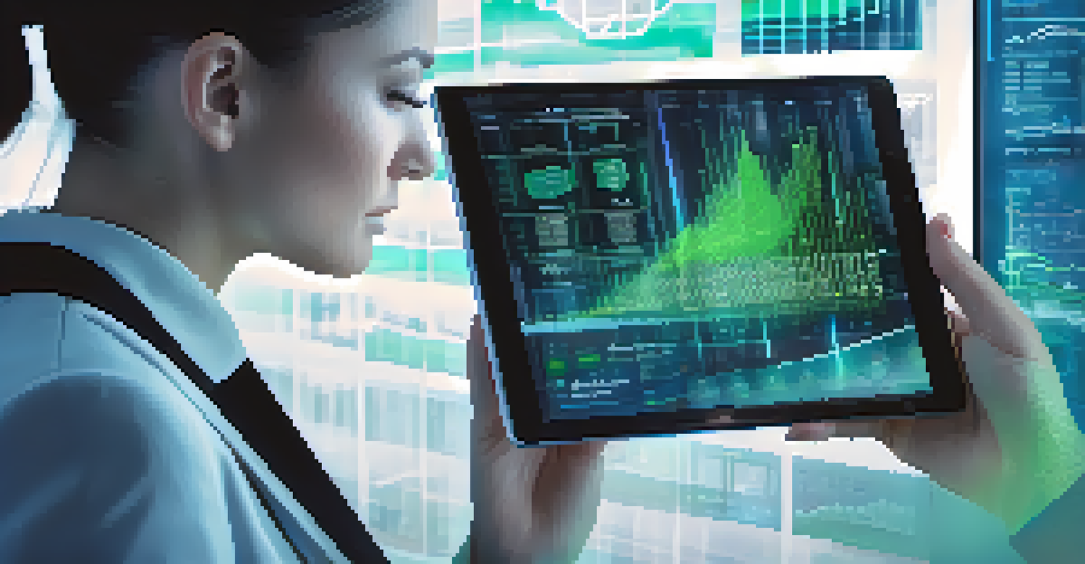 A businesswoman using a tablet with holographic data visuals in a futuristic office environment.