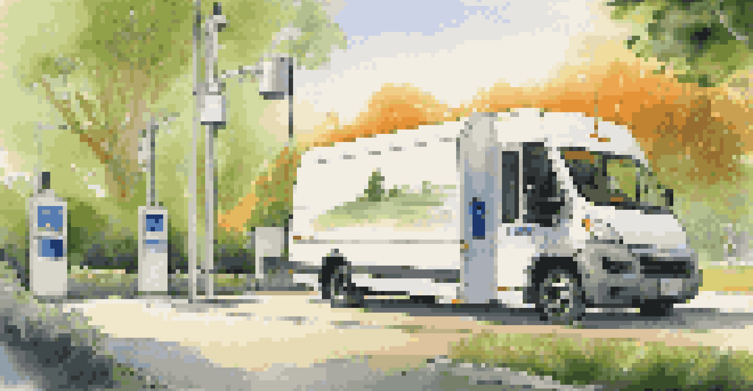 A delivery vehicle at a charging station using telematics for route optimization, surrounded by greenery with a sunset in the background.