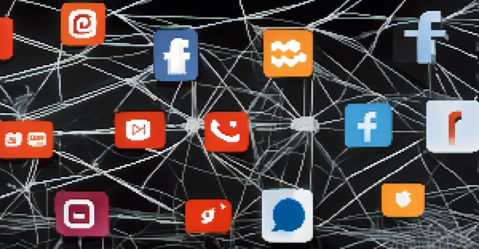 A tangled web of social media icons and digital footprints, representing the complexities of online anonymity.